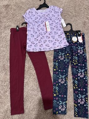 Girls Unicorn Tee with Two Pairs of Leggings - Lavender, Maroon & Navy Floral